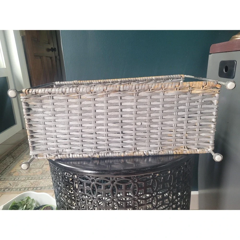 Coastal Wicker & Metal Two-Tier Shelf | French Country Cottage Decor Seashell‎
